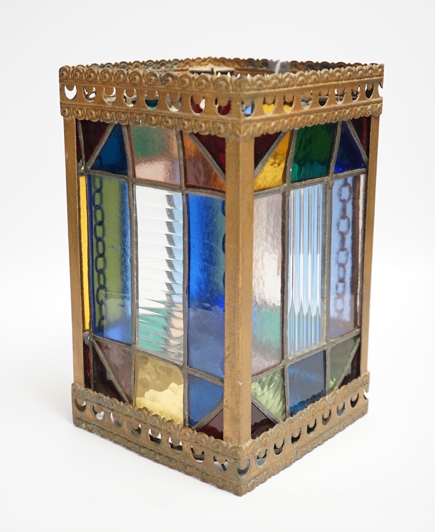 A metal framed leaded glass lantern, 24.5cm high